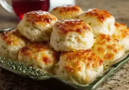 Golden, fluffy 7 Up Biscuits stacked on a green serving dish with crispy tops and a soft, tender interior – an easy Southern biscuit recipe made with Bisquick, sour cream, and soda.