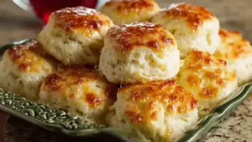Golden, fluffy 7 Up Biscuits stacked on a green serving dish with crispy tops and a soft, tender interior – an easy Southern biscuit recipe made with Bisquick, sour cream, and soda.