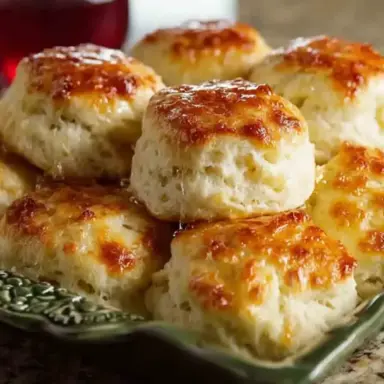 Golden, fluffy 7 Up Biscuits stacked on a green serving dish with crispy tops and a soft, tender interior – an easy Southern biscuit recipe made with Bisquick, sour cream, and soda.