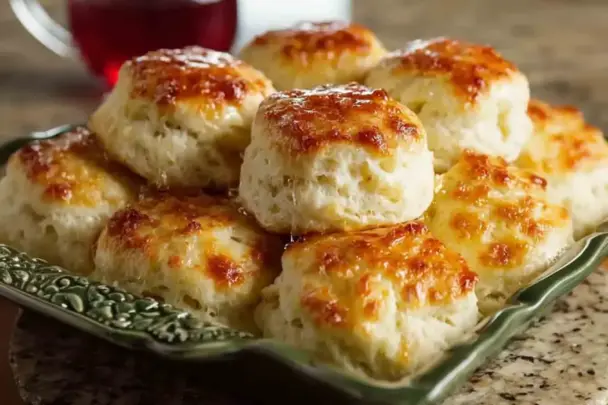 Golden, fluffy 7 Up Biscuits stacked on a green serving dish with crispy tops and a soft, tender interior – an easy Southern biscuit recipe made with Bisquick, sour cream, and soda.