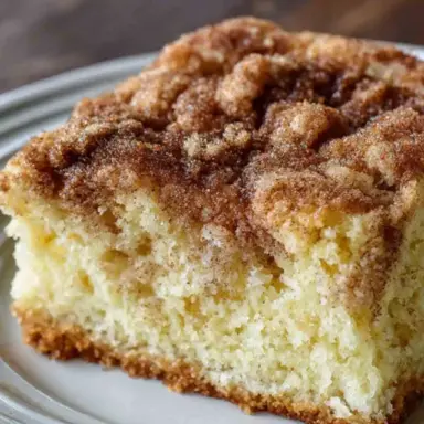 A slice of Amish Cinnamon Sugar Coffee Cake with a golden cinnamon topping and fluffy crumb on a white plate.