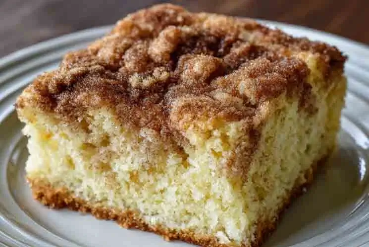 Close-up of a thick slice of Amish Cinnamon Sugar Coffee Cake with a cinnamon sugar crust and soft, fluffy interior on a white plate.