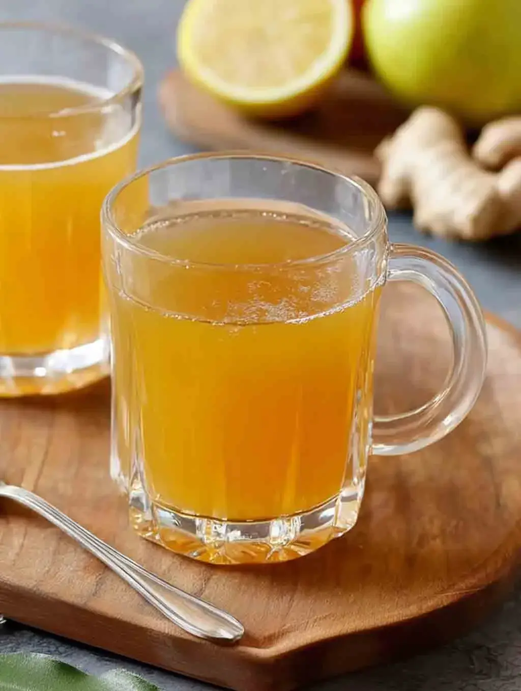 A glass mug filled with apple cider vinegar weight loss drink on a wooden board, surrounded by lemon, apple, and fresh ginger.