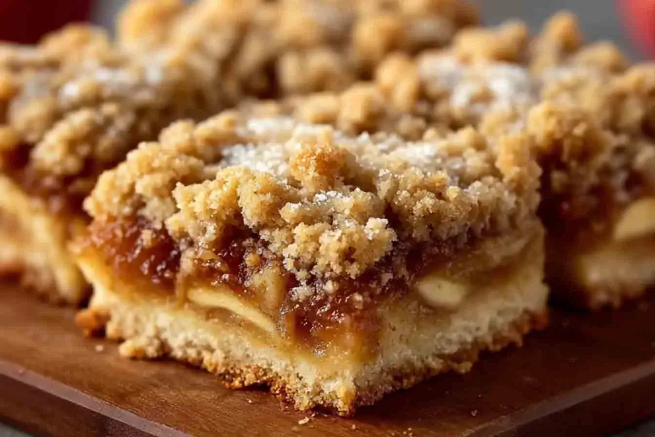 Close-up of apple crumb bars on a wooden board, showing layers of soft apple filling, golden shortbread crust, and a crumbly cinnamon topping dusted with sugar.