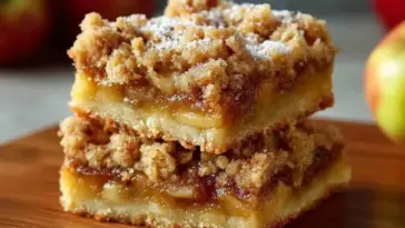 Close-up of two stacked apple crumb bars with a golden buttery crust, gooey spiced apple filling, and crisp cinnamon oat crumble on top, dusted with powdered sugar.