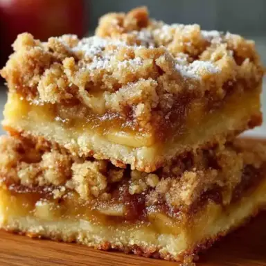 Close-up of two stacked apple crumb bars with a golden buttery crust, gooey spiced apple filling, and crisp cinnamon oat crumble on top, dusted with powdered sugar.