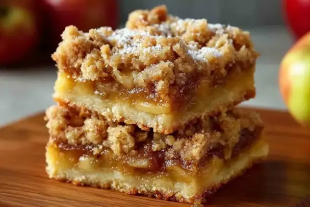 Close-up of two stacked apple crumb bars with a golden buttery crust, gooey spiced apple filling, and crisp cinnamon oat crumble on top, dusted with powdered sugar.