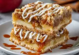 Stack of apple pie bars with caramel drizzle and icing on a white plate, showing layers of apple filling and golden crumble topping.