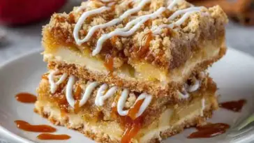 Stack of apple pie bars with caramel drizzle and icing on a white plate, showing layers of apple filling and golden crumble topping.