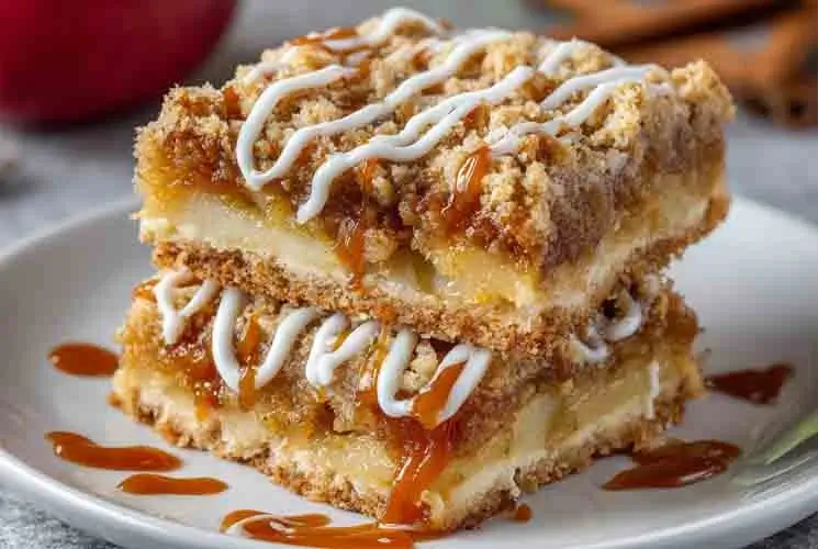 Stack of apple pie bars with caramel drizzle and icing on a white plate, showing layers of apple filling and golden crumble topping.