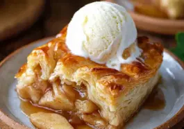 Close-up of a golden apple pie puff pastry bake topped with a scoop of vanilla ice cream, showing flaky pastry layers and cinnamon apple filling.