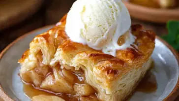 Close-up of a golden apple pie puff pastry bake topped with a scoop of vanilla ice cream, showing flaky pastry layers and cinnamon apple filling.