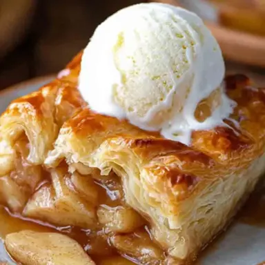 Close-up of a golden apple pie puff pastry bake topped with a scoop of vanilla ice cream, showing flaky pastry layers and cinnamon apple filling.