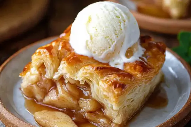 Close-up of a golden apple pie puff pastry bake topped with a scoop of vanilla ice cream, showing flaky pastry layers and cinnamon apple filling.