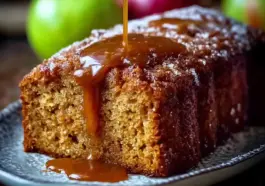 Close-up of a moist apple sauce cake slice topped with caramel glaze, served on a rustic plate with fresh apples in the background.