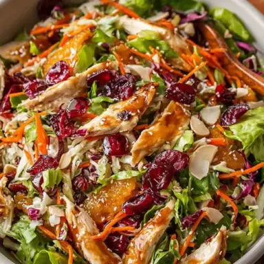 Close-up of a colorful Asian Chicken Cranberry Salad with shredded chicken, dried cranberries, mandarin oranges, sliced almonds, and shredded cabbage in a white bowl.