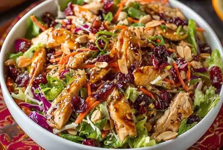 Overhead shot of Asian Chicken Cranberry Salad in a white bowl, featuring shredded chicken, dried cranberries, sliced almonds, carrots, purple cabbage, and sesame seeds on a colorful tablecloth.