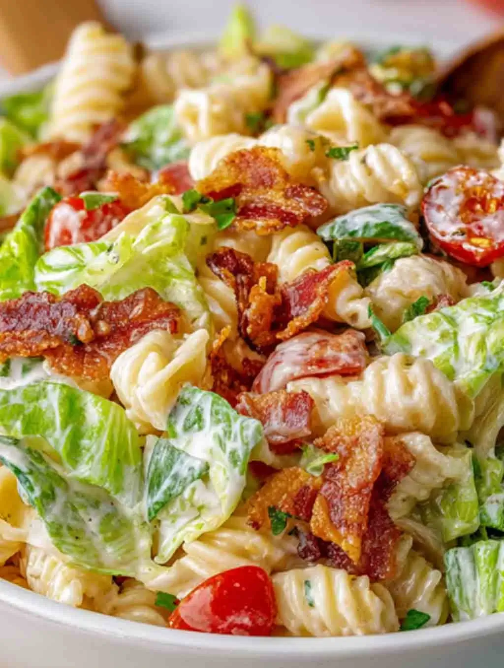 Close-up of creamy BLT pasta salad with rotini pasta, crispy bacon, romaine lettuce, cherry tomatoes, and ranch dressing in a white bowl