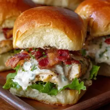 Close-up of bacon ranch chicken sliders layered with crispy bacon, ranch dressing, lettuce, and grilled chicken on golden, soft slider buns.