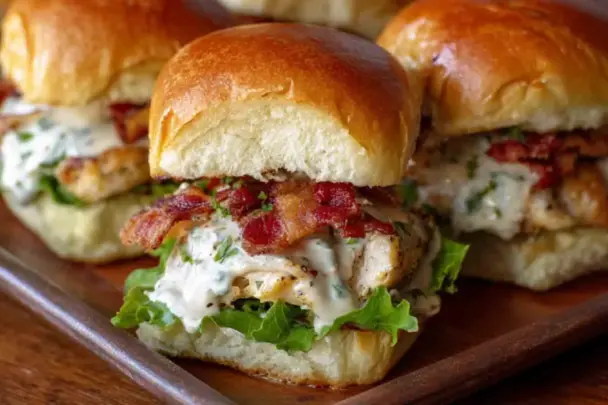 Close-up of bacon ranch chicken sliders layered with crispy bacon, ranch dressing, lettuce, and grilled chicken on golden, soft slider buns.