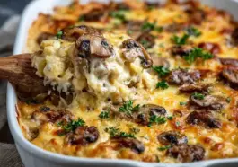 Close-up of a cheesy baked mushroom casserole in a white baking dish, topped with golden-brown cheese, sautéed mushrooms, and fresh parsley.
