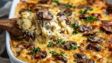 Close-up of a cheesy baked mushroom casserole in a white baking dish, topped with golden-brown cheese, sautéed mushrooms, and fresh parsley.
