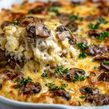 Close-up of a cheesy baked mushroom casserole in a white baking dish, topped with golden-brown cheese, sautéed mushrooms, and fresh parsley.