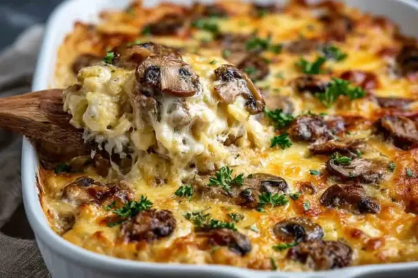 Close-up of a cheesy baked mushroom casserole in a white baking dish, topped with golden-brown cheese, sautéed mushrooms, and fresh parsley.