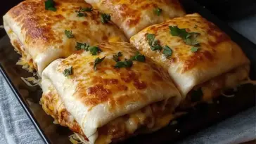 Golden brown baked chicken chimichangas topped with melted cheese and fresh cilantro, served hot on a dark rectangular plate.