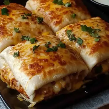 Golden brown baked chicken chimichangas topped with melted cheese and fresh cilantro, served hot on a dark rectangular plate.