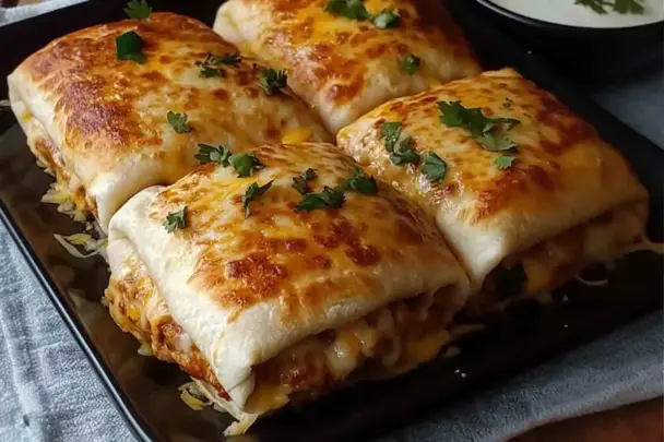 Golden brown baked chicken chimichangas topped with melted cheese and fresh cilantro, served hot on a dark rectangular plate.