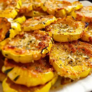 Close-up of crispy baked Parmesan squash rounds, golden brown and topped with melted cheese and herbs, served on a white platter.