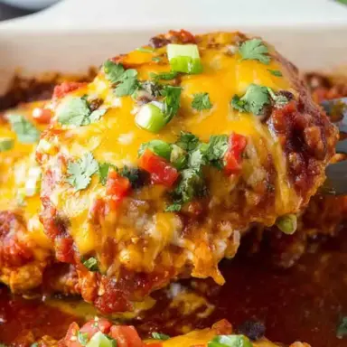Close-up of a cheesy baked salsa chicken breast being lifted from a casserole dish, topped with melted cheddar cheese, fresh cilantro, diced red peppers, and green onions, surrounded by rich tomato salsa.