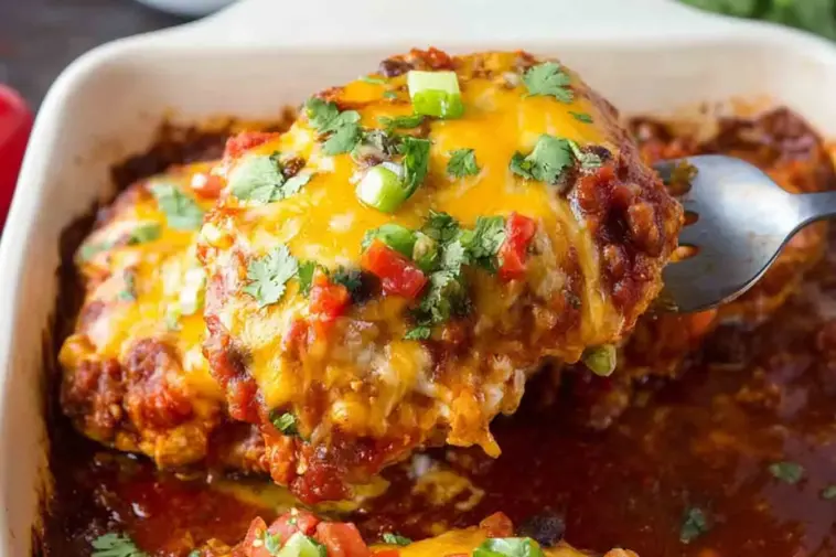 Close-up of a cheesy baked salsa chicken breast being lifted from a casserole dish, topped with melted cheddar cheese, fresh cilantro, diced red peppers, and green onions, surrounded by rich tomato salsa.