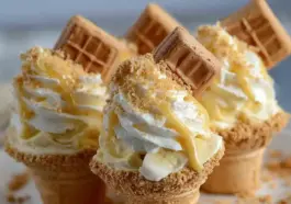 Close-up of Banana Pudding Cheesecake Cones filled with creamy banana cheesecake filling, whipped cream, banana slices, crushed vanilla wafers, and drizzled caramel, served in crunchy waffle cones and topped with mini waffle cookies.