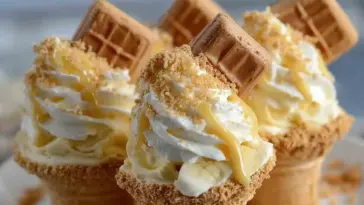 Close-up of Banana Pudding Cheesecake Cones filled with creamy banana cheesecake filling, whipped cream, banana slices, crushed vanilla wafers, and drizzled caramel, served in crunchy waffle cones and topped with mini waffle cookies.