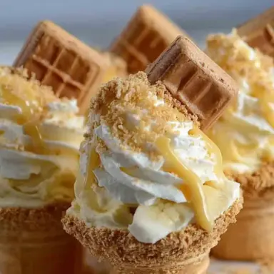 Close-up of Banana Pudding Cheesecake Cones filled with creamy banana cheesecake filling, whipped cream, banana slices, crushed vanilla wafers, and drizzled caramel, served in crunchy waffle cones and topped with mini waffle cookies.