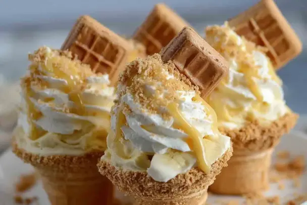 Close-up of Banana Pudding Cheesecake Cones filled with creamy banana cheesecake filling, whipped cream, banana slices, crushed vanilla wafers, and drizzled caramel, served in crunchy waffle cones and topped with mini waffle cookies.
