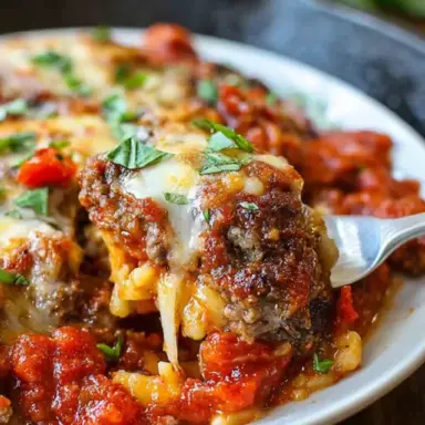 Close-up of a cheesy Beef Lombardi casserole on a white plate, featuring layers of beef, melted cheese, and tomato sauce, garnished with chopped parsley.