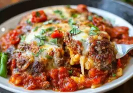 Beef Lombardi casserole served on a white plate, topped with melted cheese, ground beef, and tomato sauce, garnished with fresh herbs and a fork lifting a cheesy bite.