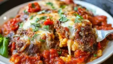 Beef Lombardi casserole served on a white plate, topped with melted cheese, ground beef, and tomato sauce, garnished with fresh herbs and a fork lifting a cheesy bite.
