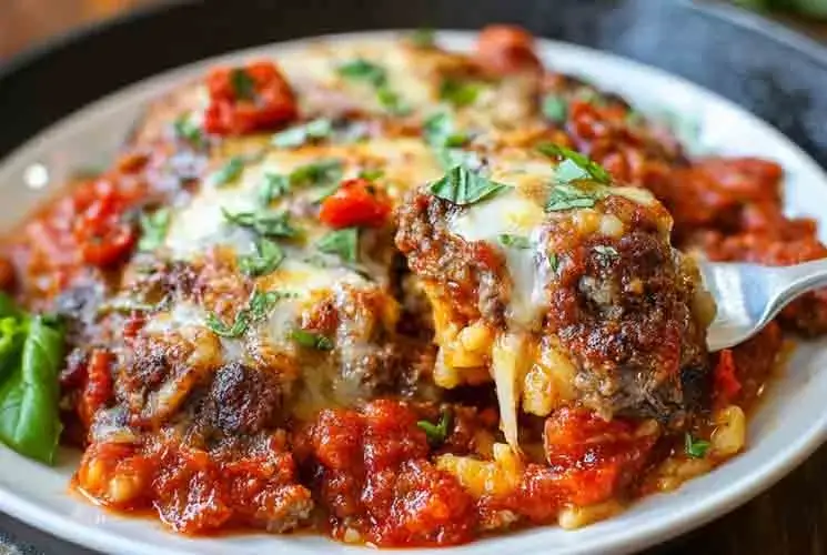 Beef Lombardi casserole served on a white plate, topped with melted cheese, ground beef, and tomato sauce, garnished with fresh herbs and a fork lifting a cheesy bite.
