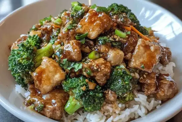 Close-up of beef and broccoli stir fry served on a bed of white rice, featuring glazed beef pieces, vibrant broccoli, chopped green onions, and sesame seeds in a savory brown sauce.