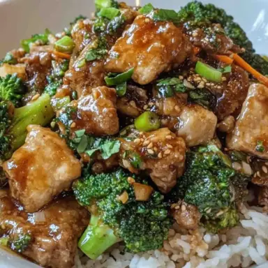Close-up of homemade beef and broccoli stir fry served over white rice, featuring tender beef chunks, crisp broccoli florets, and a glossy savory sauce, topped with green onions and sesame seeds.