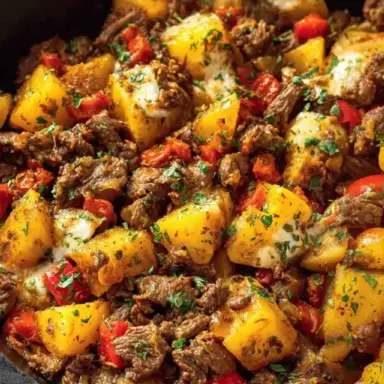 Close-up of a rustic beef and potato skillet featuring golden potatoes, seasoned beef strips, red peppers, melted cheese, and fresh parsley in a cast iron pan.