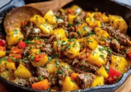 Hearty beef and potato skillet with tender golden potatoes, ground beef, red bell peppers, and fresh herbs, served in a cast iron pan with a wooden spoon.