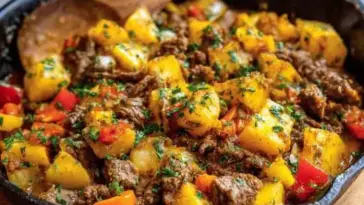 Hearty beef and potato skillet with tender golden potatoes, ground beef, red bell peppers, and fresh herbs, served in a cast iron pan with a wooden spoon.