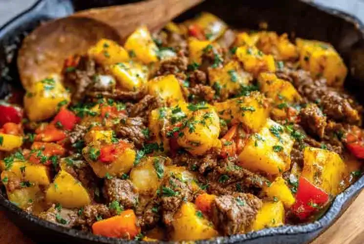 Hearty beef and potato skillet with tender golden potatoes, ground beef, red bell peppers, and fresh herbs, served in a cast iron pan with a wooden spoon.