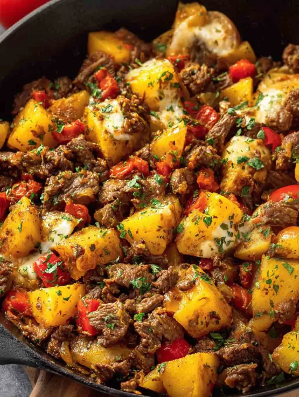 Close-up of a rustic beef and potato skillet featuring golden potatoes, seasoned beef strips, red peppers, melted cheese, and fresh parsley in a cast iron pan.