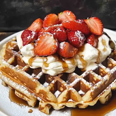 A stack of golden, fluffy Belgian waffles topped with whipped cream, fresh strawberries, powdered sugar, and maple syrup on a white plate.